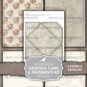 May include: Printable greeting card and sentiments kit featuring a vintage floral design. The kit includes four papers and an envelope. The papers have a distressed, aged look with a subtle floral pattern. The envelope is a plain white paper with a distressed look.