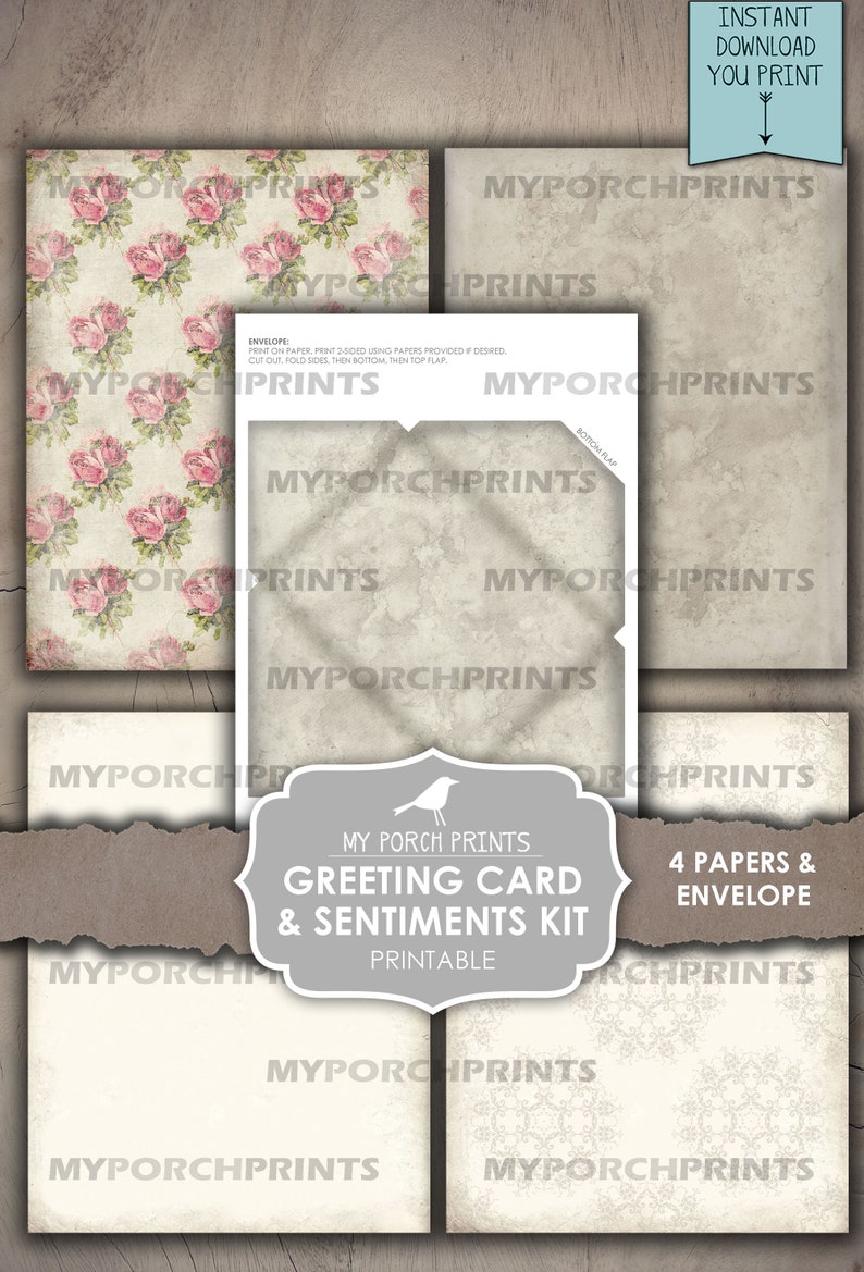 May include: Printable greeting card and sentiments kit featuring a vintage floral design. The kit includes four papers and an envelope. The papers have a distressed, aged look with a subtle floral pattern. The envelope is a plain white paper with a distressed look.