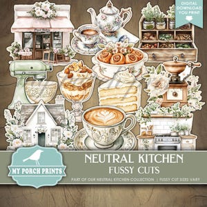 Neutral Kitchen FUSSY CUTS, Junk Journal, Recipe, Dessert, Bakery, Cook Book, Food, Baking, My Porch Prints, Printable, Digital Download