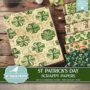 Puede incluir: Conjunto de seis papeles de scrapbooking digitales imprimibles con temática del Día de San Patricio. Los papeles presentan varios diseños con tréboles, duendes y arcoíris. Los papeles miden 8,5 pulgadas por 11 pulgadas.