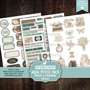 May include: A collection of printable papers and ephemera with a vintage aesthetic. The designs include labels, tags, and illustrations of a typewriter, clock, and flowers. The color palette features soft blues, browns, and creams.