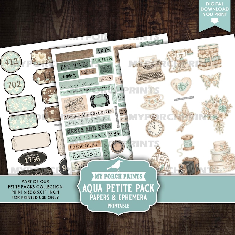 May include: A collection of printable papers and ephemera with a vintage aesthetic. The designs include labels, tags, and illustrations of a typewriter, clock, and flowers. The color palette features soft blues, browns, and creams.