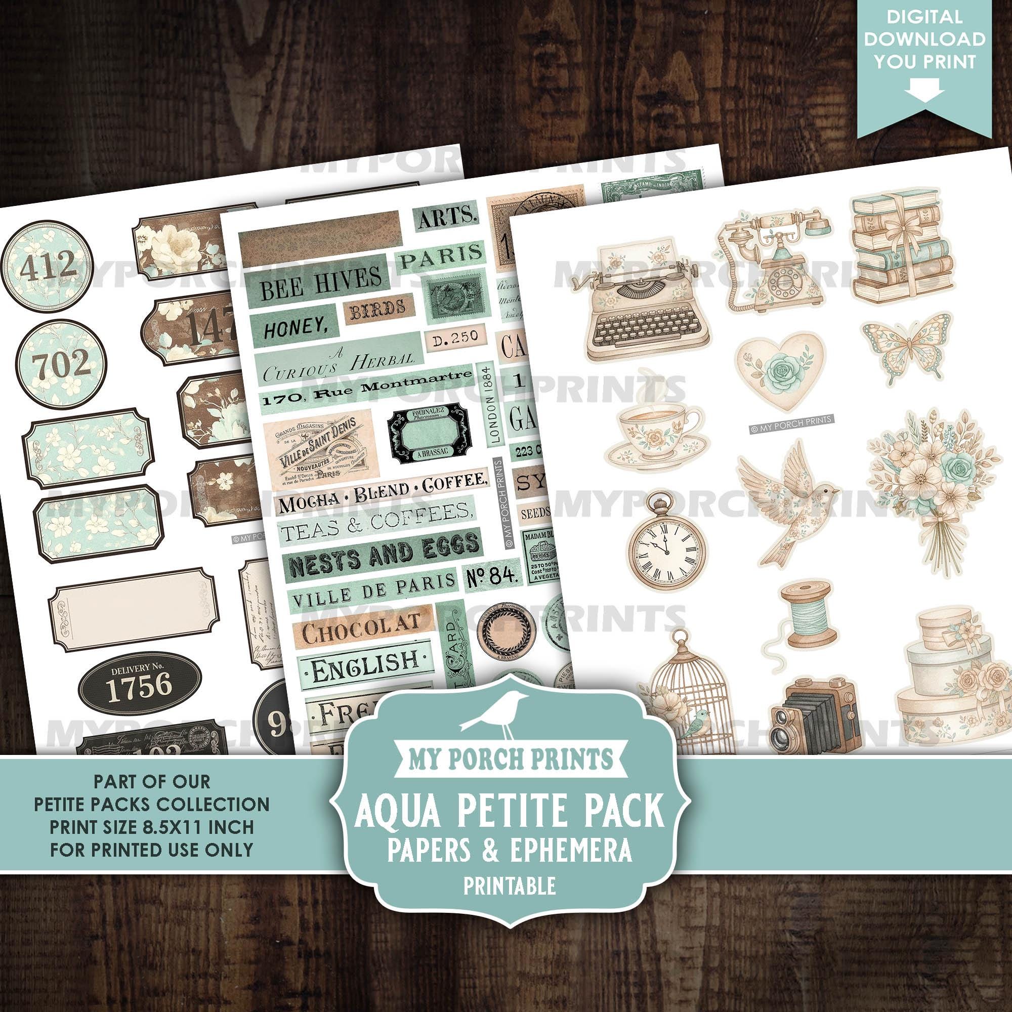 Aqua Petite Pack Junk Journal Ephemera and Papers Kit, Blue, Teal ...