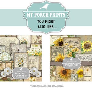 Puede incluir: Dos productos digitales imprimibles para descargar para manualidades y scrapbooking. El primero es un kit de diario con un dise&ntilde;o floral y el texto "My Porch Prints Lazy Daisy Journal Kit Printable". El segundo es un paquete de ef&iacute;meras con un dise&ntilde;o de girasol y el texto "My Porch Prints Sunflowers & Daisies Ephemera Pack Printable".