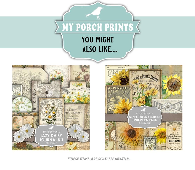 Puede incluir: Dos productos digitales imprimibles para descargar para manualidades y scrapbooking. El primero es un kit de diario con un dise&ntilde;o floral y el texto "My Porch Prints Lazy Daisy Journal Kit Printable". El segundo es un paquete de ef&iacute;meras con un dise&ntilde;o de girasol y el texto "My Porch Prints Sunflowers & Daisies Ephemera Pack Printable".