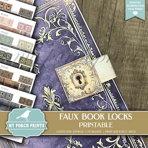 Faux BOOK LOCKS Junk Journal, Cover, Closure, Clasp, Neutral, Pink, Blue, Red, Metal, Gold, My Porch Prints, Printable, Digital Download