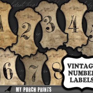 Nummeretiketten, vintage, junkjournaal, trouwtafelnummers, steampunk, afdrukbaar, scrapbooking, drankjelabel, grunge, efemere, cadeaulabel