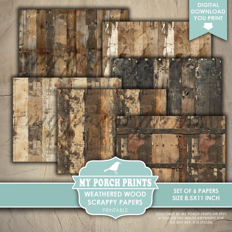 Weathered Wood Scrappy Papers, Junk Journal, Pages, Neutral, Vintage, Backing, Collage, Craft, My Porch Prints, Printable, Digital Download image 3