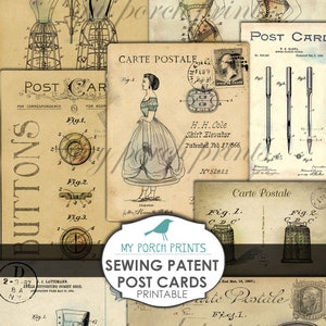 Puede incluir: Una colecci&oacute;n de postales vintage de patentes de costura. Las postales presentan ilustraciones de varias herramientas y accesorios de costura, incluyendo un elevador de camisa, un zapato de cors&eacute;, un dedal y un par de tijeras. Las postales est&aacute;n impresas en papel envejecido con un aspecto desgastado.