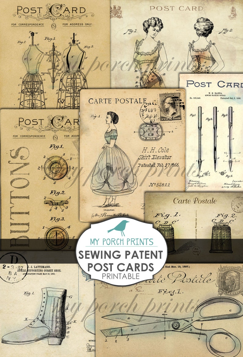 Puede incluir: Una colecci&oacute;n de postales vintage de patentes de costura. Las postales presentan ilustraciones de varias herramientas y accesorios de costura, incluyendo un elevador de camisa, un zapato de cors&eacute;, un dedal y un par de tijeras. Las postales est&aacute;n impresas en papel envejecido con un aspecto desgastado.