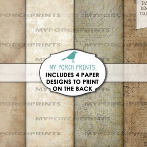 May include: Four digital paper designs with a vintage, aged look. The designs feature a light brown background with faded writing and markings. The text "MY PORCH PRINTS" is visible on each design. The text "INCLUDES 4 PAPER DESIGNS TO PRINT ON THE BACK" is also visible.