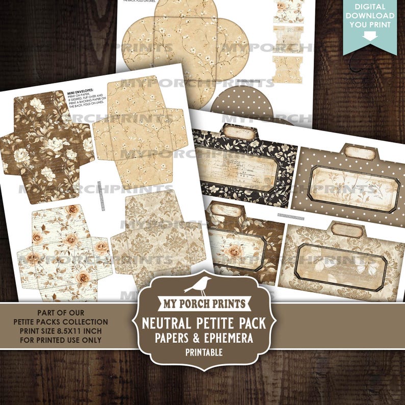 May include: A collection of printable papers and ephemera with floral and damask patterns in beige, brown, and cream tones. The designs include mini envelopes and decorative labels. The text on the image reads "MY PORCH PRINTS" and "NEUTRAL PETITE PACK PAPERS & EPHEMERA PRINTABLE".