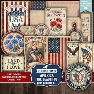 Può includere: Un kit per junk journal digitale con immagini patriottiche americane in stile vintage, tra cui la bandiera degli Stati Uniti, un'illustrazione di Betsy Ross, papaveri rossi, fiordalisi, aquile e testi come Land That I Love e Liberty Gala.