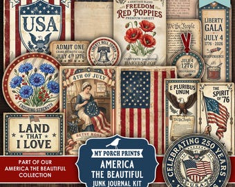 Może przedstawiać: Cyfrowy zestaw do junk journalingu z patriotycznymi amerykańskimi grafikami w stylu vintage, w tym flagą USA, ilustracją Betsy Ross, czerwonymi makami, chabrami, orłami oraz tekstami takimi jak Land That I Love i Liberty Gala.