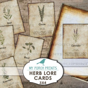 Botanique, Herb Lore Cards, kit de journal indésirable, graines, 3x4 pouces, éphémères, ATC, livre de potion, album, imprimable, vintage, herbologie, plante