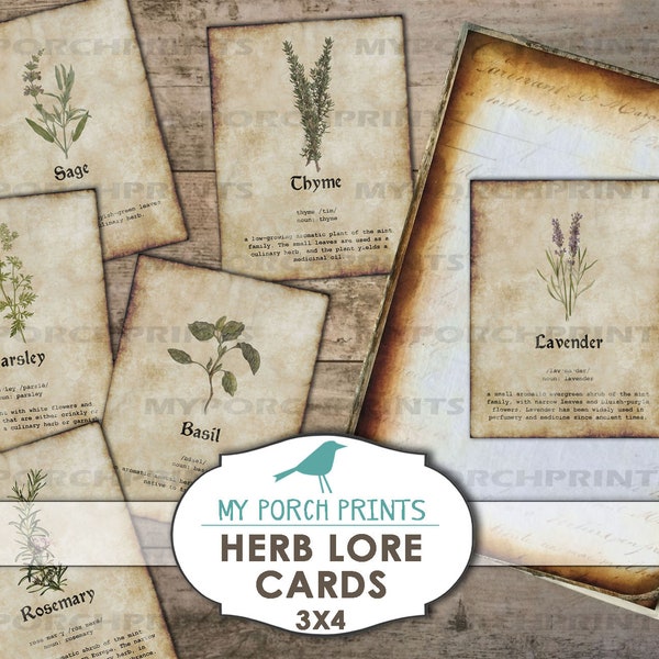 Botanical, Herb Lore Cards,  junk journal kit, seeds, 3x4 inch, ephemera, ATC, potion book, scrapbook, printable, vintage, herbology, plant