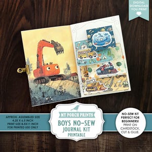 Puede incluir: Un kit de diario imprimible para niños, con una ilustración de una excavadora naranja sonriente. La página derecha tiene pegatinas de vehículos. Tamaño ensamblado: aprox. 10,8 x 16,5 cm. Imprimible en cartulina.
