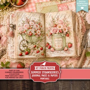 Könnte beinhalten: Eine offene Journal-Seite mit Illustrationen im Vintage-Stil von Erdbeeren und rosa Blumen. Die linke Seite zeigt eine mit Blumen und Erdbeeren gefüllte Schubkarre, während die rechte Seite ein Glas mit der Aufschrift Strawberry Tea zeigt.