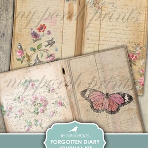 May include: Printable journal kit with a vintage aesthetic. The kit features images of open journals with handwritten text, delicate flowers, butterflies, and birds. The text on the kit reads "My Porch Prints - Forgotten Diary Journal Kit - Printable".