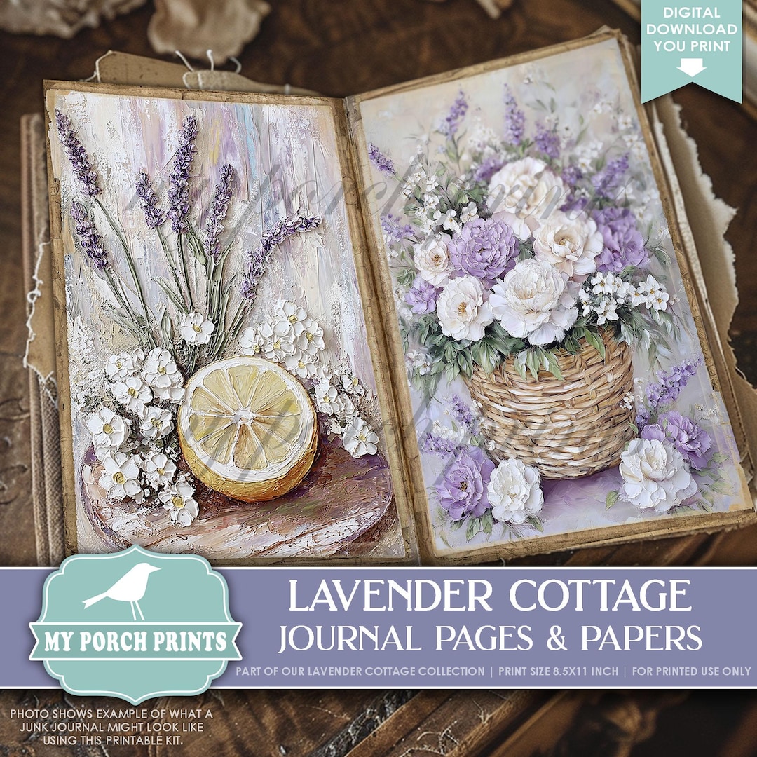 Lavender Cottage Junk Journal PAGES & PAPERS, Vintage, Purple, Ivory ...