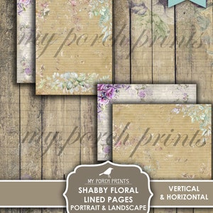 May include: Digital printable shabby floral lined pages in portrait and landscape formats. The pages feature a vintage design with floral accents in purple, white, and green. The text "my porch prints" is visible on the pages.