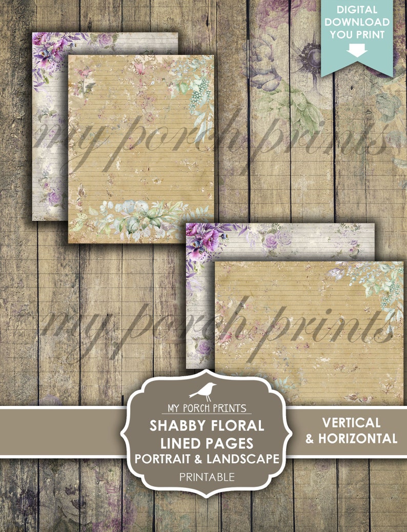 May include: Digital printable shabby floral lined pages in portrait and landscape formats. The pages feature a vintage design with floral accents in purple, white, and green. The text "my porch prints" is visible on the pages.