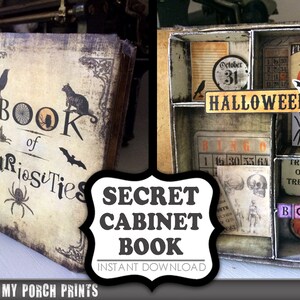 Puede incluir: Un libro de estilo vintage con el t&iacute;tulo "Book of Curiosities" y un tema de Halloween. El libro se abre para revelar un gabinete secreto con compartimentos llenos de decoraciones de Halloween, incluyendo un calendario, una tarjeta de bingo y una caja de truco o trato.