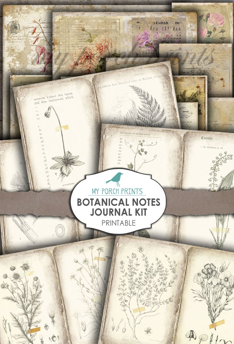 Puede incluir: Kit de diario bot&aacute;nico imprimible con ilustraciones vintage de plantas y flores. El kit incluye p&aacute;ginas con texto e ilustraciones de plantas, una p&aacute;gina de calendario y una p&aacute;gina con una cita de la Biblia.