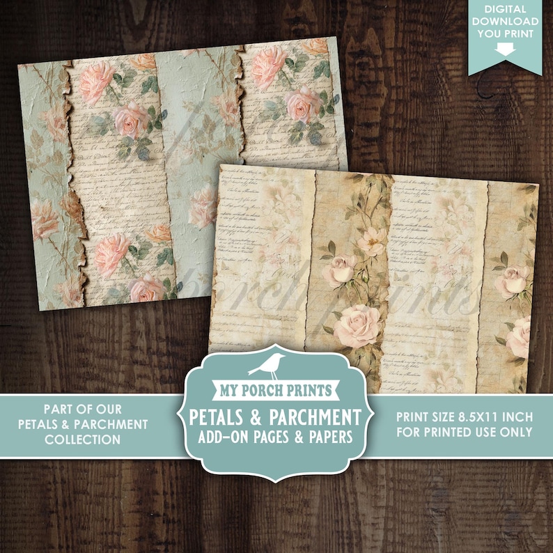 Petals and Parchment Junk Journal, Add-on, PAGES & PAPERS, Roses, Teal ...