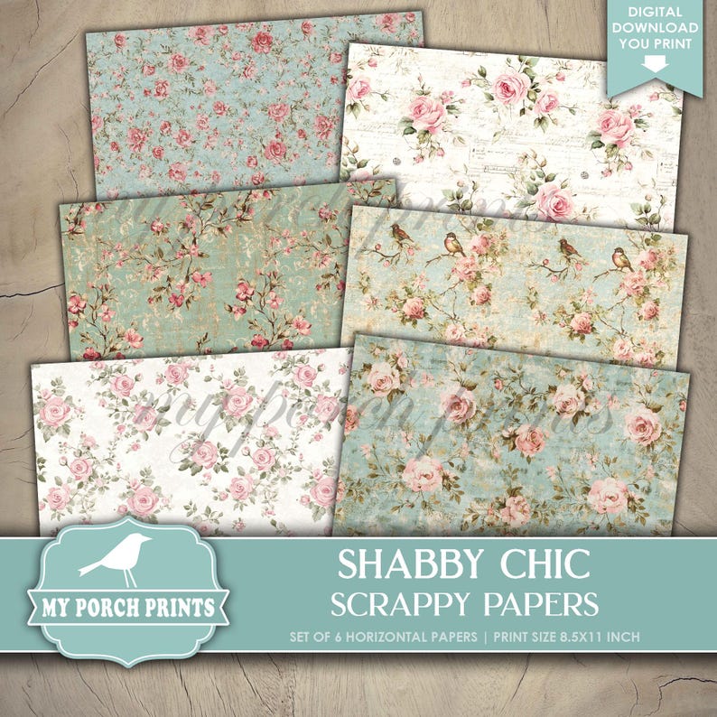 Shabby Chic Scrappy Papers, Junk Journal, Pages, Blue, Pink, Spring, Floral, Backing, Craft, My Porch Prints, Printable, Digital Download bild 4