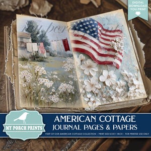 American Cottage Junk Journal PAGES & PAPERS, Kit, 4th of July, Red White Blue, Patriotic, Summer My Porch Prints Printable Digital Download