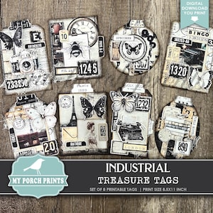 Industrial Treasure Tags Kit, Junk Journal Ephemera Fussy Cuts Black White Tag Vintage Matching Set Grunge, My Porch Prints Digital Download