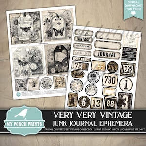 Pu&ograve; includere: Una collezione di efemeridi in stile vintage per junk journal. Include tag con illustrazioni di api e farfalle, insieme a etichette e adesivi numerici. Il testo recita "Very Very Vintage Junk Journal Ephemera."