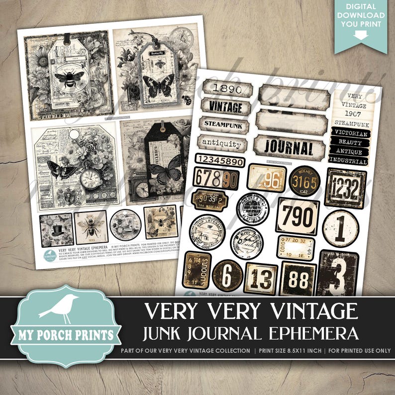 Pu&ograve; includere: Una collezione di efemeridi in stile vintage per junk journal. Include tag con illustrazioni di api e farfalle, insieme a etichette e adesivi numerici. Il testo recita "Very Very Vintage Junk Journal Ephemera."