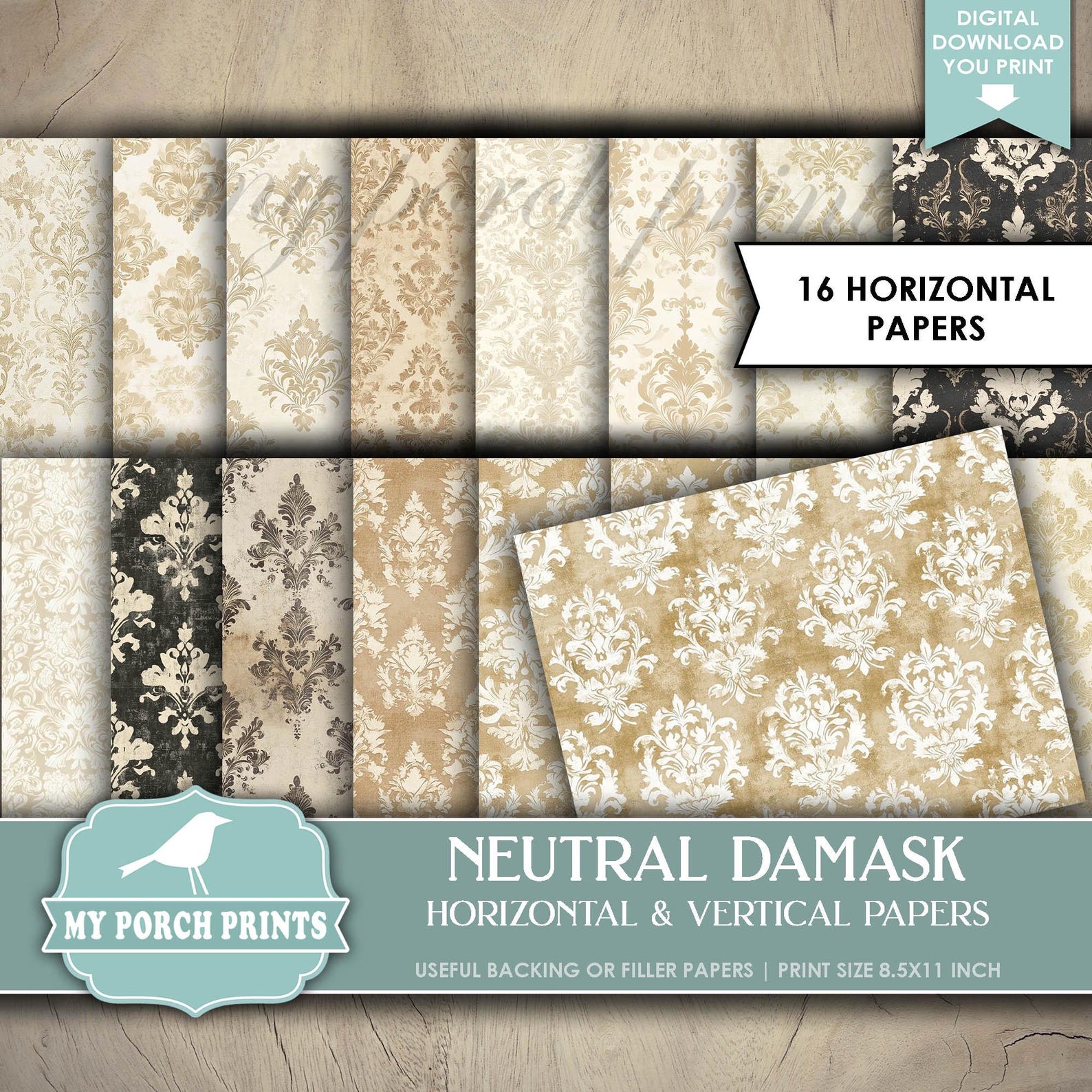 House Backing Paper Neutral Damask Papers Junk Journal, Neutral, Backing, Extra, Pages ...