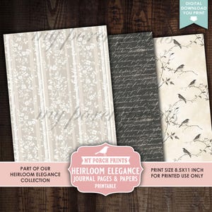 Op de afbeelding: Drie afdrukbare journaalpagina's met bloemen-, script- en vogelontwerpen. De pagina's hebben een beige bloemenstreep, een donkergrijze script en een beige vogel tak patroon. De tekst luidt "My Porch Prints" en "Heirloom Elegance Journal Pages & Papers".