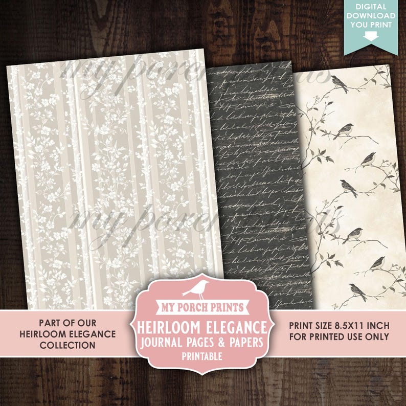 Op de afbeelding: Drie afdrukbare journaalpagina's met bloemen-, script- en vogelontwerpen. De pagina's hebben een beige bloemenstreep, een donkergrijze script en een beige vogel tak patroon. De tekst luidt "My Porch Prints" en "Heirloom Elegance Journal Pages & Papers".