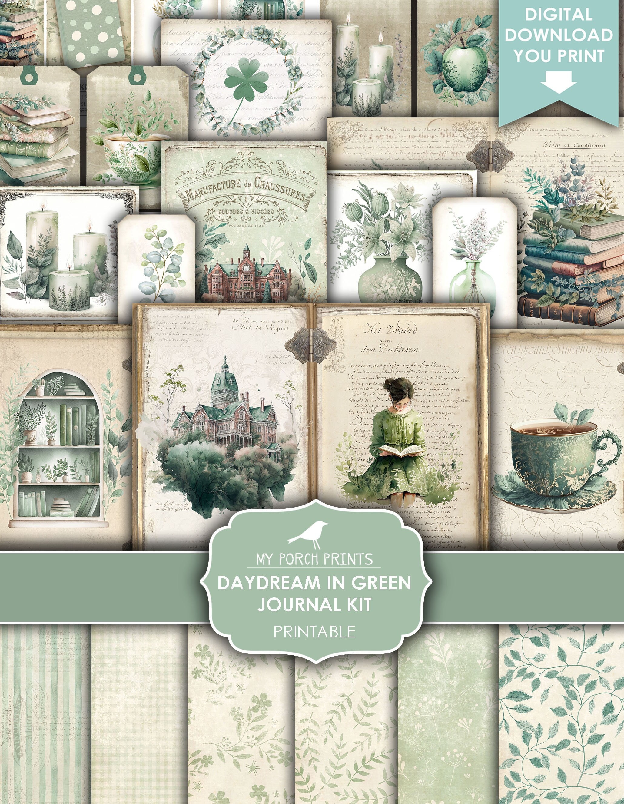 Junk Journal, Daydream in Green, Library, Books, Cottagecore Junk Journal, Daydream in Green, Library, Books, Cottagecore