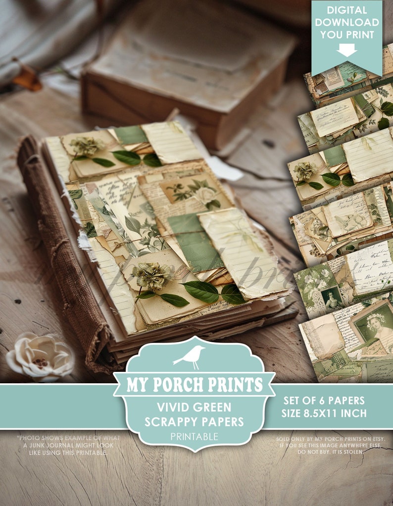 Vivid Green Scrappy Papers, Junk Journal, Pages, Floral, Vintage, Shabby, Backing, Botanical, My Porch Prints, Printable, Digital Download image 1