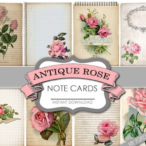 Antieke roos-notitiekaarten, junkjournal, efemere, notebookpapier, valentijn, kit, ATC, papier, afdrukbaar, sieraden, armoedig, vintage, ansichtkaart
