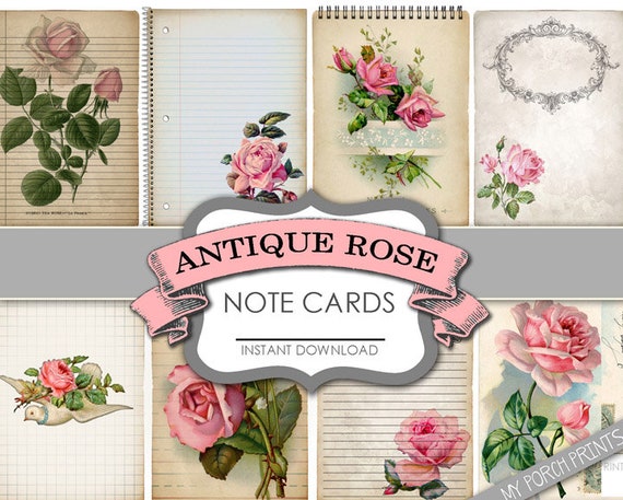 Antique Rose Note Cards, junk journal, ephemera, notebook paper, valentine, kit, ATC, paper, printable, jewelry, shabby, vintage, postcard
