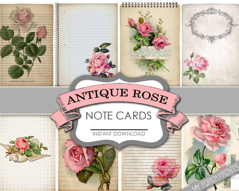 K&ouml;nnte beinhalten: Ein Satz druckbarer Notizkarten mit antiken Rosen. Die Karten zeigen Vintage-Illustrationen von rosafarbenen Rosen auf einem karierten Papierhintergrund. Der Text "Antique Rose Note Cards" und "Instant Download" ist auf dem Bild zu sehen.