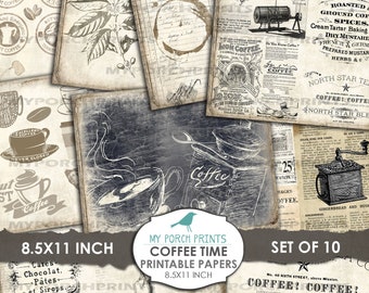 Coffee, Time, Printable, Papers, Collage Sheet, Journal Page, My Porch Prints, Scrapbook, Ephemera, Junk Journal, Kit, Vintage,  Download