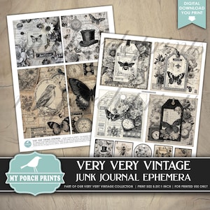 Pu&ograve; includere: Una collezione di fogli di efemeridi in stile vintage con farfalle, orologi ed elementi floreali. I fogli presentano disegni antichi, etichette e illustrazioni, perfetti per il junk journaling e i lavori di carta. Il testo recita "Very Very Vintage Junk Journal Ephemera".