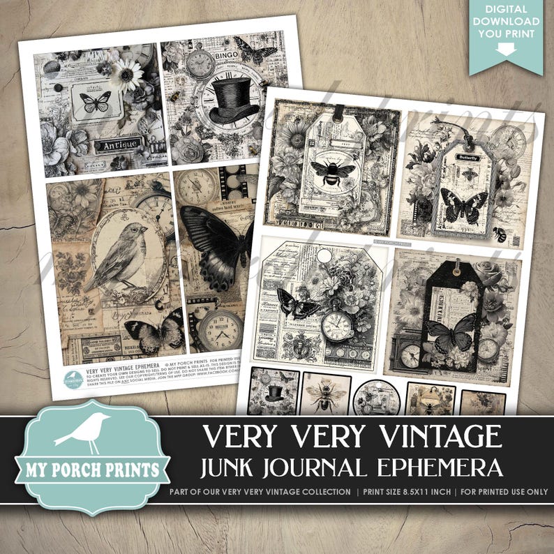 Pu&ograve; includere: Una collezione di fogli di efemeridi in stile vintage con farfalle, orologi ed elementi floreali. I fogli presentano disegni antichi, etichette e illustrazioni, perfetti per il junk journaling e i lavori di carta. Il testo recita "Very Very Vintage Junk Journal Ephemera".