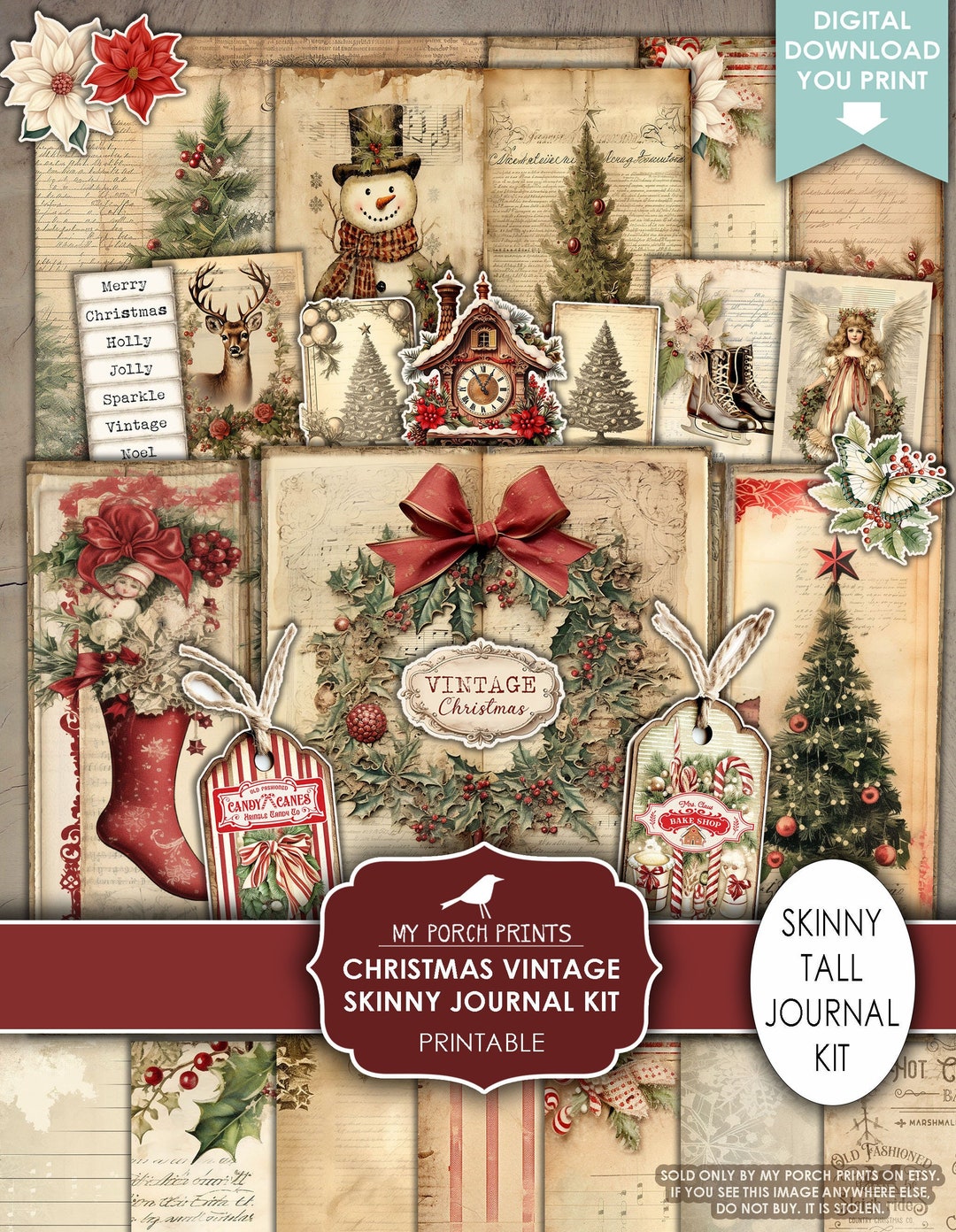 Christmas Vintage Skinny Junk Journal Kit, Tall, Victorian, Holiday, Winter, Traditional, Red, My Porch Prints, Printable, Digital Download - Etsy Christmas Vintage Skinny Junk Journal Kit, Tall, Victorian, Holiday, Winter, Traditional, Red, My Porch Prints, Printable, Digital Download - Etsy