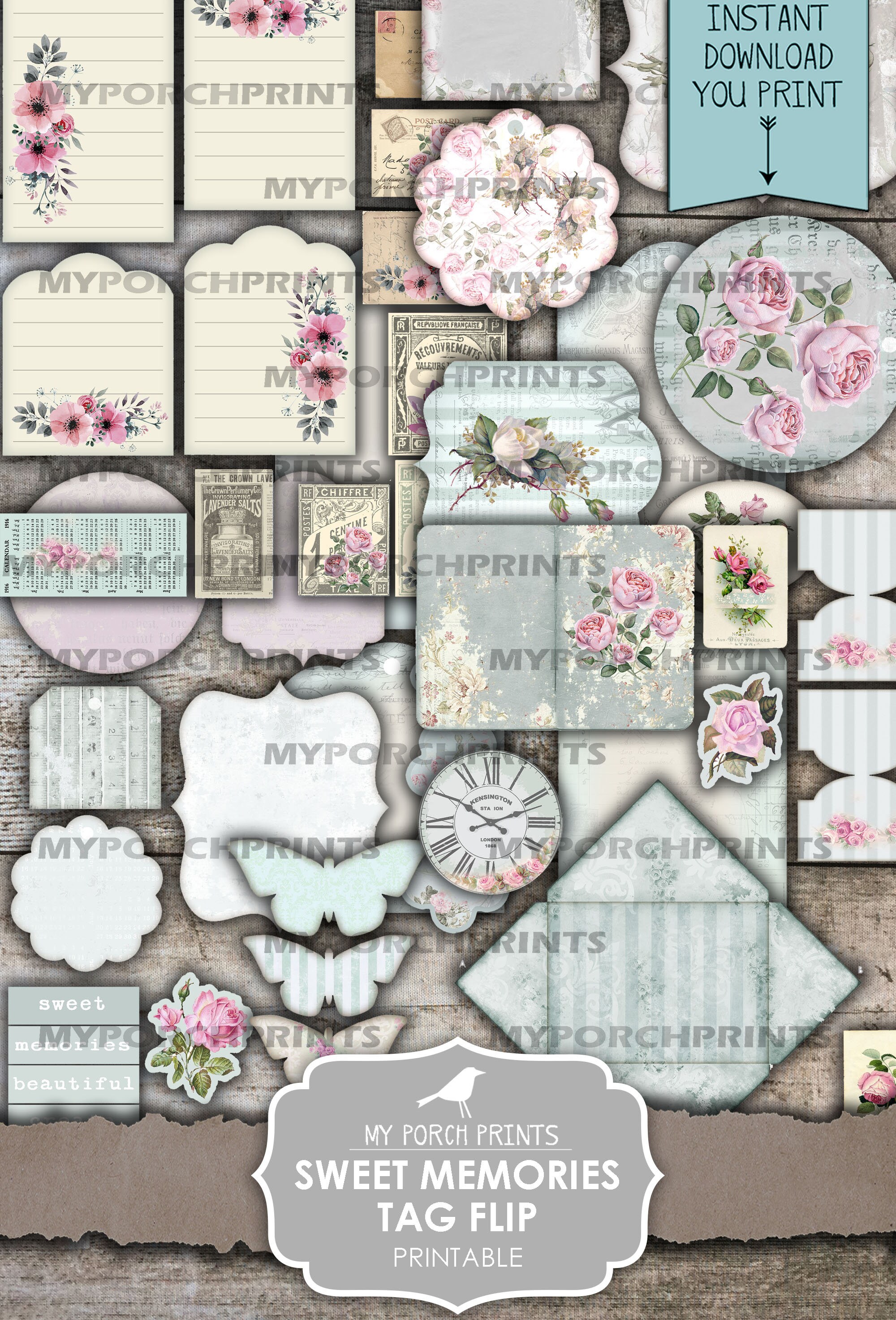 Sweet Memories, Tag Flip, Junk Journal, My Porch Prints, Tag, Ephemera ...