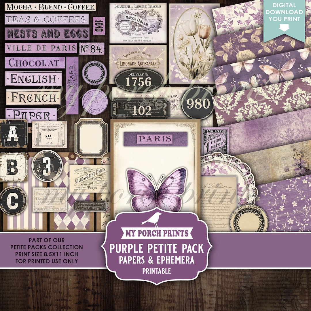 Purple Petite Pack Junk Journal Ephemera and Papers Kit, Cards Numbers ...