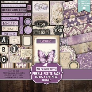 May include: A digital download featuring a collection of purple and cream-colored ephemera and papers. The design includes vintage labels, tags, and patterned papers with floral and butterfly motifs. The text includes "Paris" and "Purple Petite Pack."