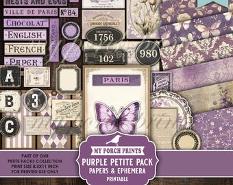 Purple Petite Pack Junk Journal Ephemera and Papers Kit, Cards Numbers Vintage Labels Fussy Cuts My Porch Prints Printable Digital Download